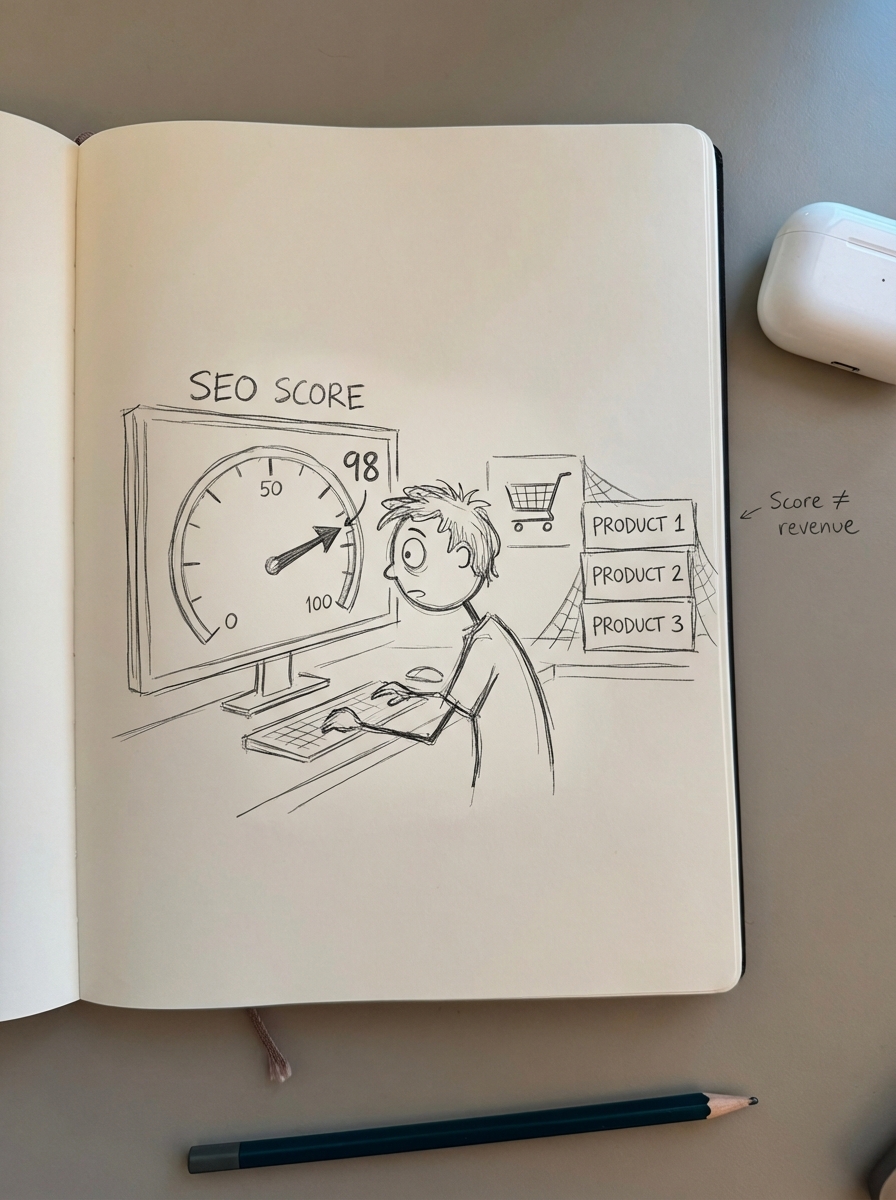 Simple notebook-style pencil sketch of a marketer at a desk staring at a laptop showing a big SEO score gauge.