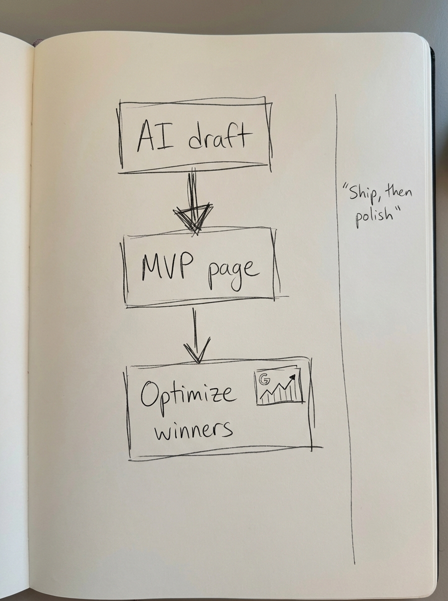 Simple pencil sketch of a rough marketing funnel diagram showing keyword groups flowing into a single optimized ecommerce page.