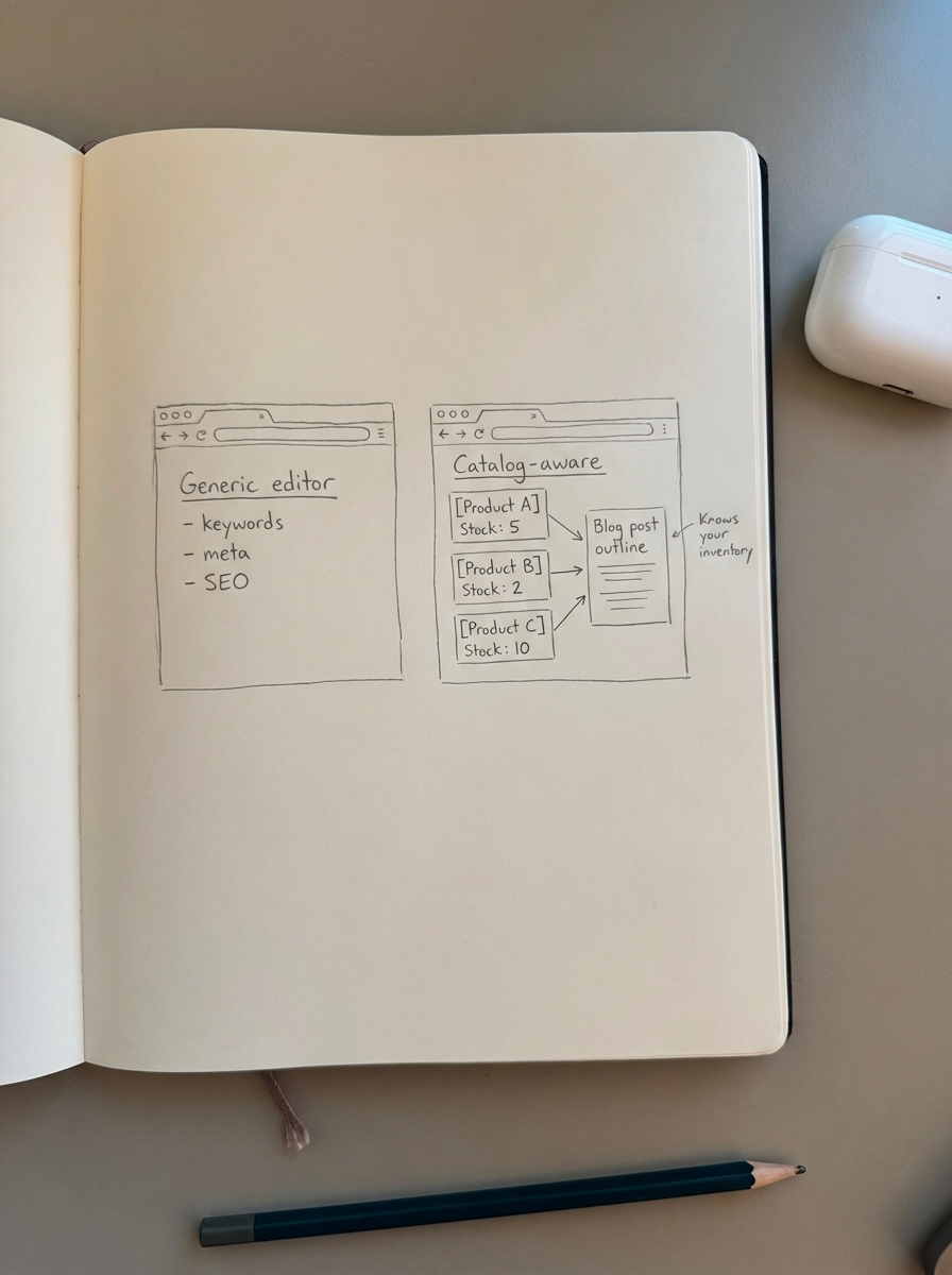 Notebook-style pencil sketch of two side-by-side browser windows comparing different SEO content editor screens.