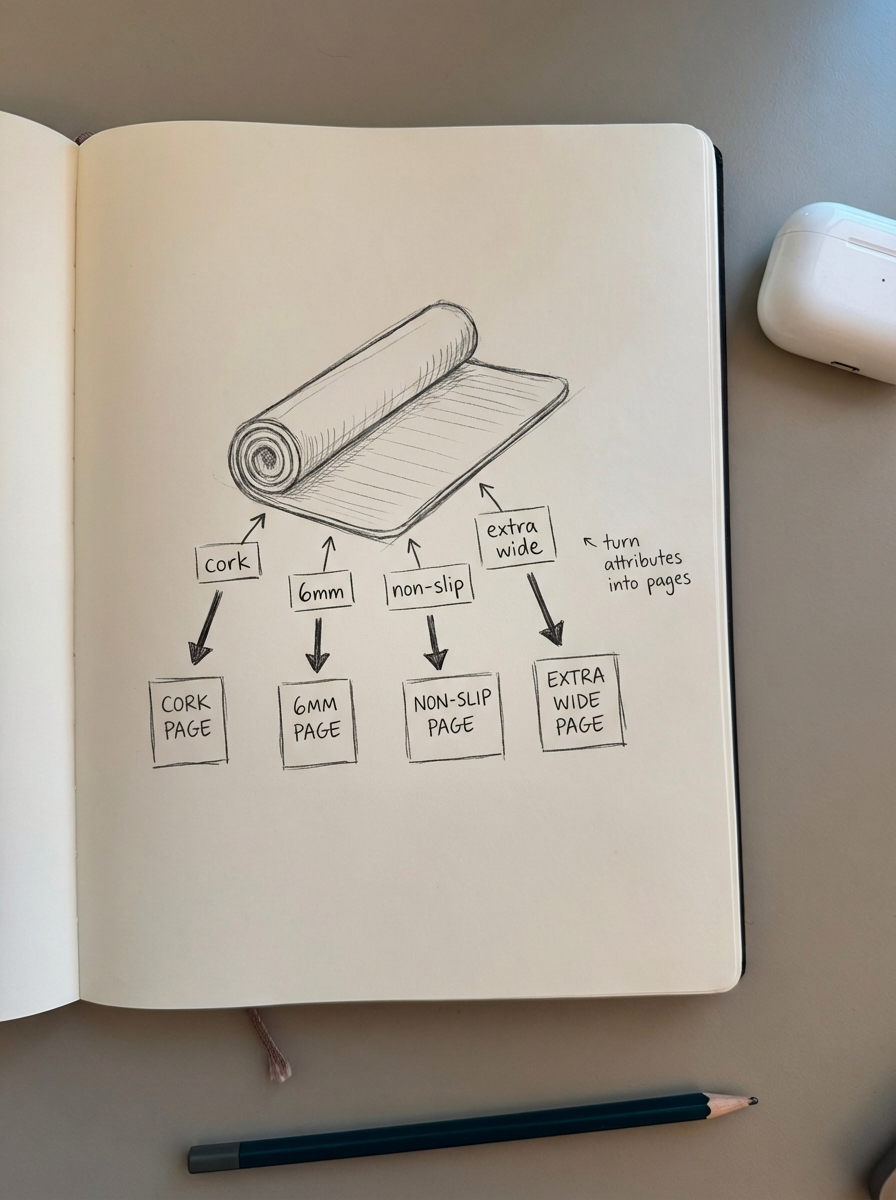 Simple pencil notebook doodle of a shopper choosing between different yoga mats with labeled attributes like cork, 6mm thickness, and non-slip