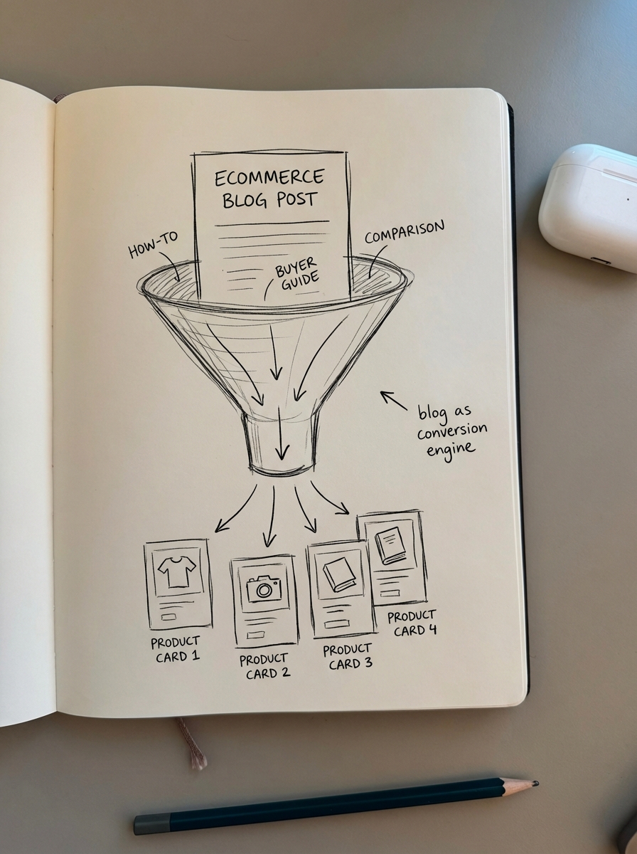 Simple pencil notebook doodle of an ecommerce blog connected by arrows to product pages and SEO growth metrics