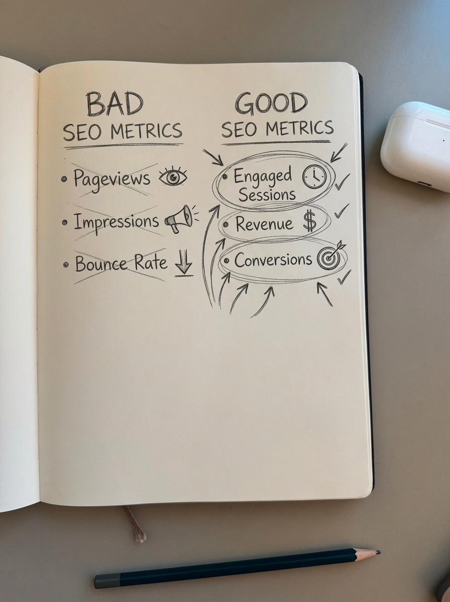 Simple pencil notebook sketch of a checklist comparing vanity SEO metrics to revenue-focused reporting
