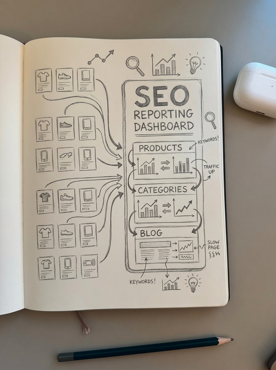 Simple pencil notebook sketch of an ecommerce product catalog connected to SEO reports for WooCommerce