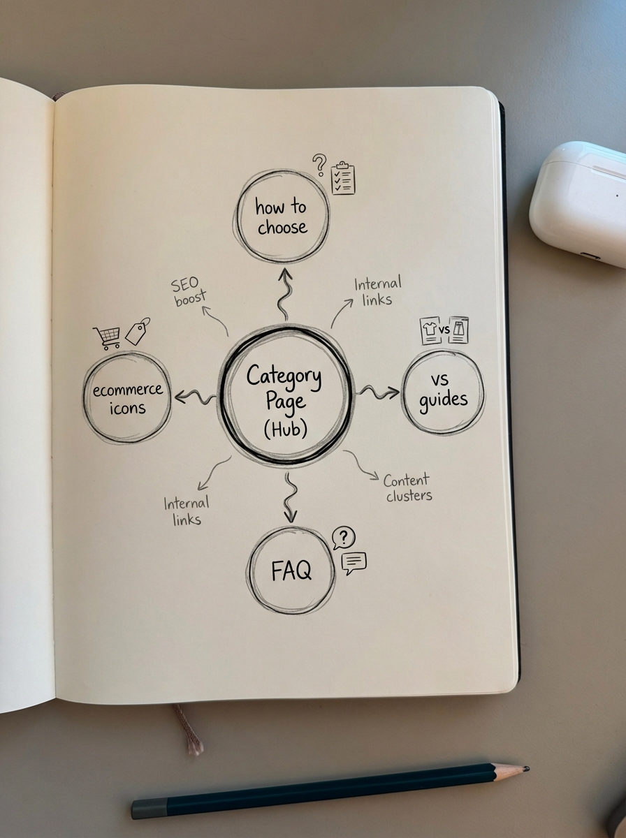 Simple pencil notebook hub-and-spoke diagram with a central category page connected to multiple supporting informational pages