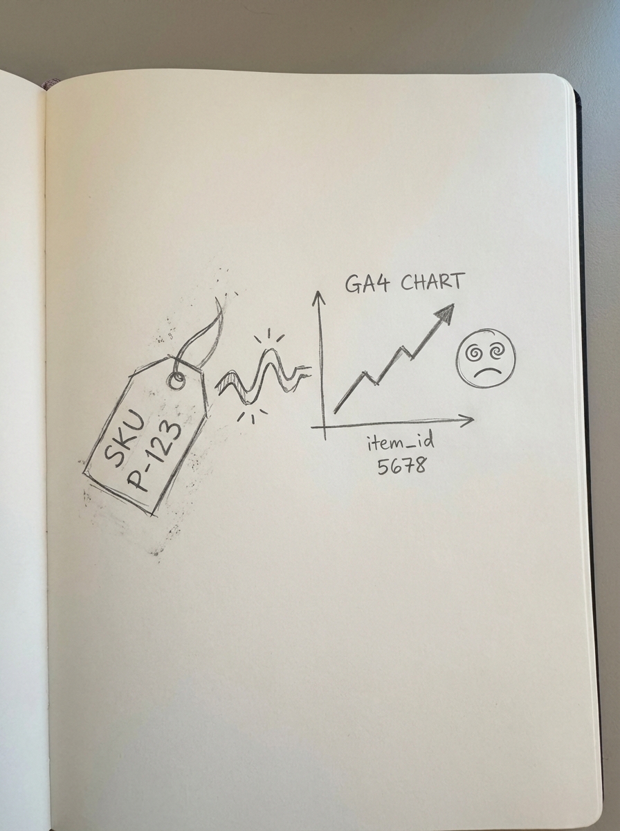 Notebook-style pencil drawing showing a broken connection between a product SKU tag and a GA4 analytics chart