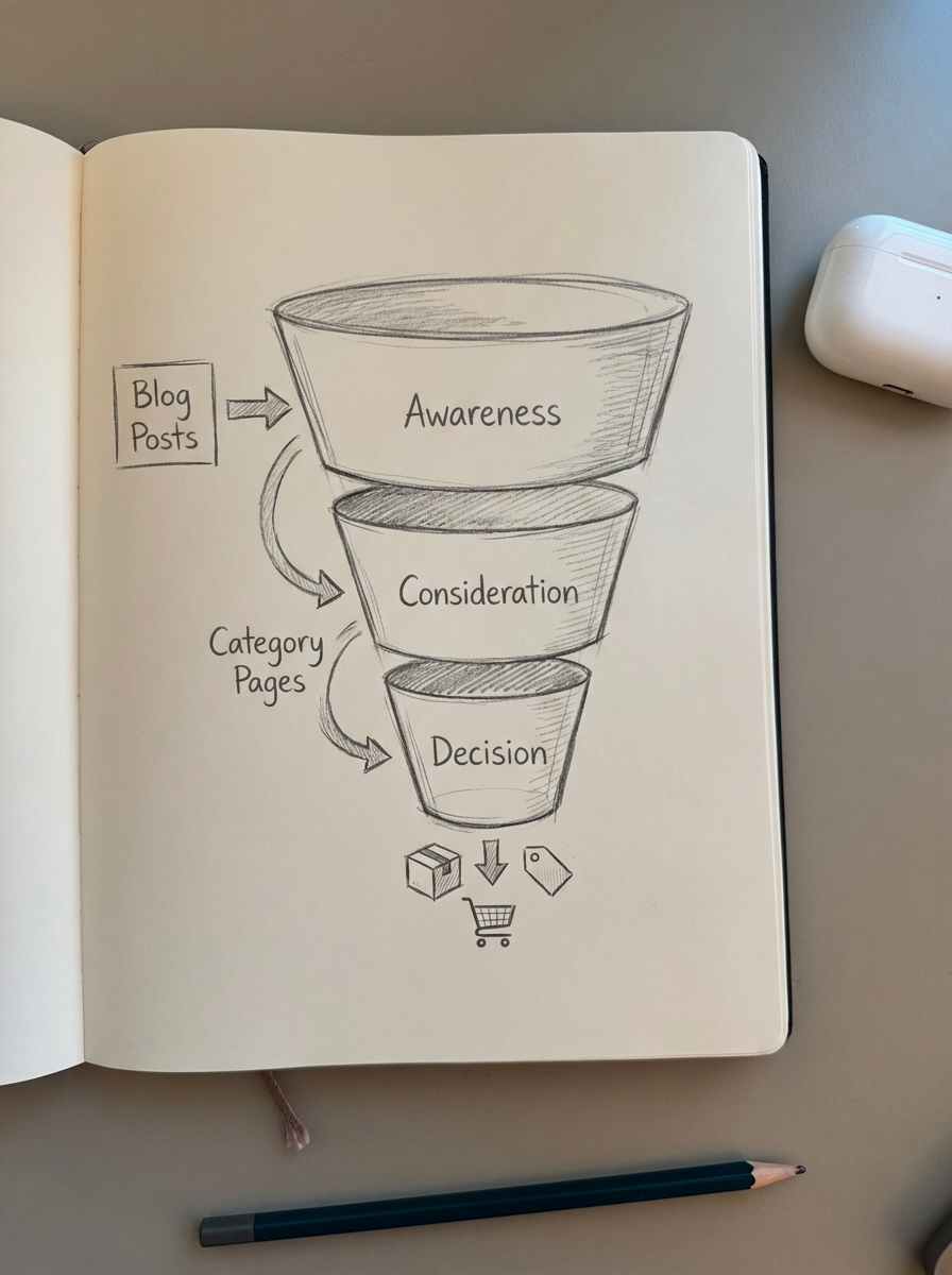 Simple hand-drawn pencil funnel diagram showing Awareness, Consideration, and Decision stages for WooCommerce content