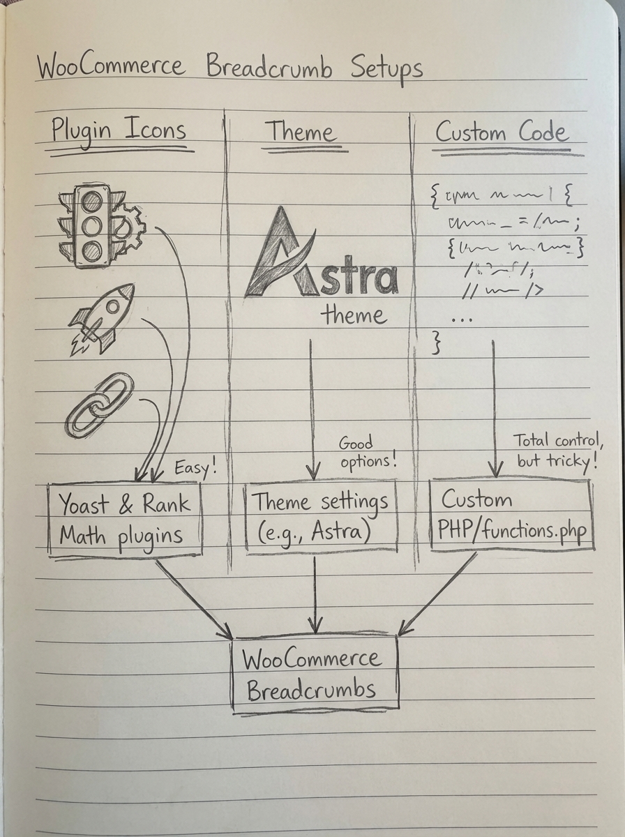 Simple hand-drawn comparison of different WooCommerce breadcrumb plugin options in notebook style