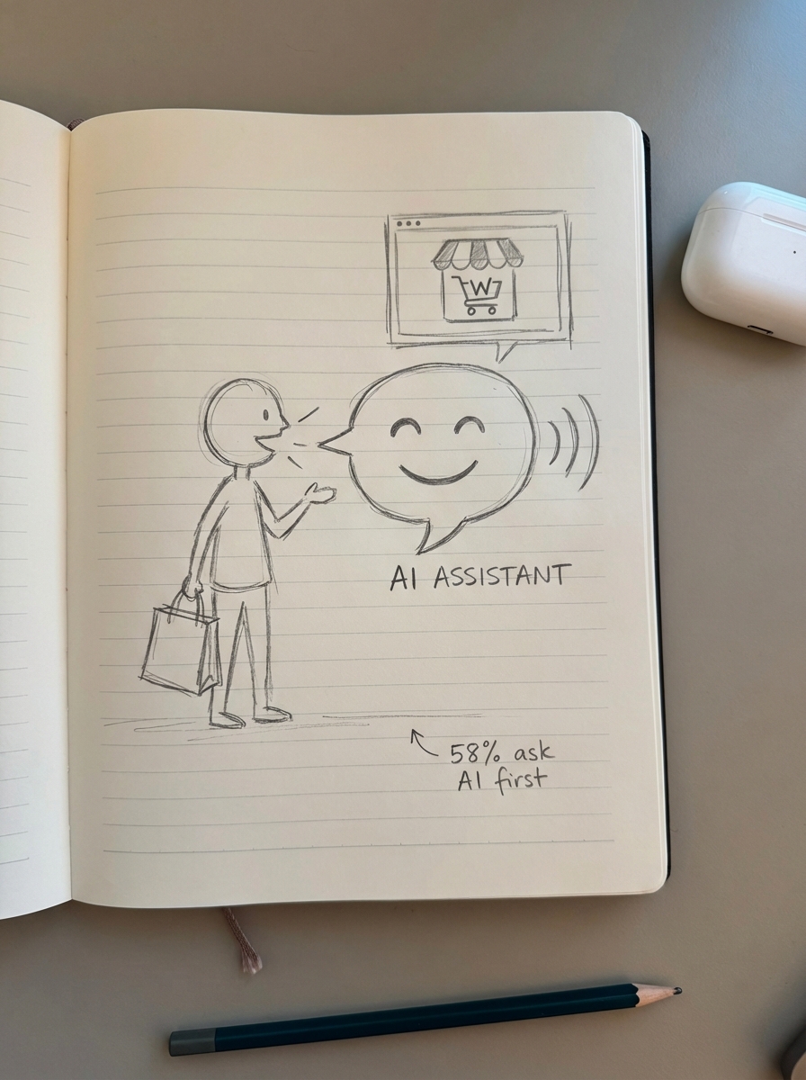 Simple notebook-style pencil sketch of an online shopper asking a voice assistant for product recommendations