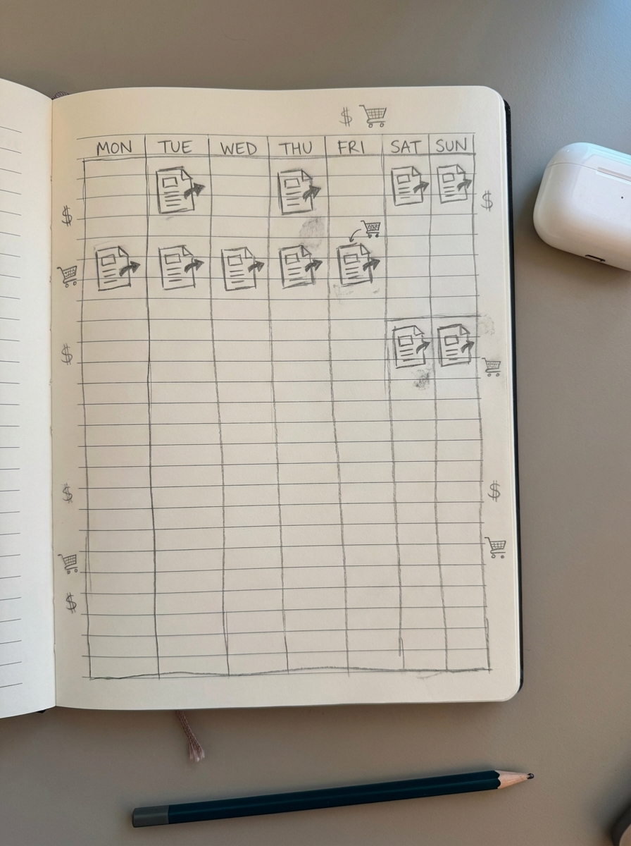 Hand-drawn notebook-style pencil illustration of a simple monthly content calendar with blog post slots filled in.
