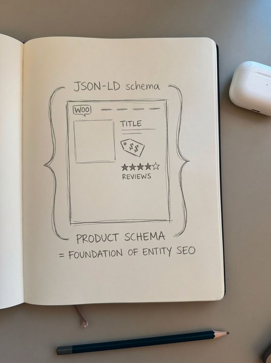Simple notebook-style pencil drawing of a WooCommerce product page with product schema tags highlighted