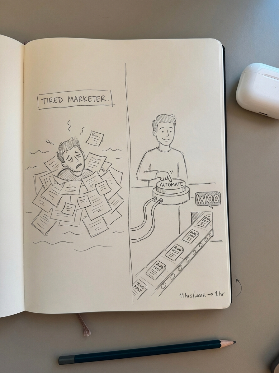 Simple notebook-style pencil sketch of a tired marketer drowning in paperwork contrasted with an automated WooCommerce blog content conveyor belt.
