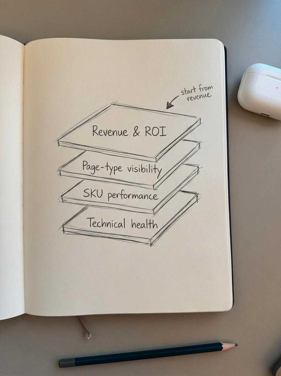 Simple notebook-style pencil sketch showing four stacked layers of a WooCommerce SEO report funnel from revenue to technical details