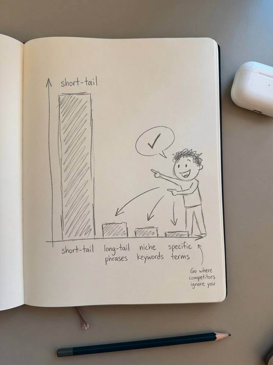 Simple notebook-style pencil sketch illustrating ecommerce keyword strategy and low-competition opportunities