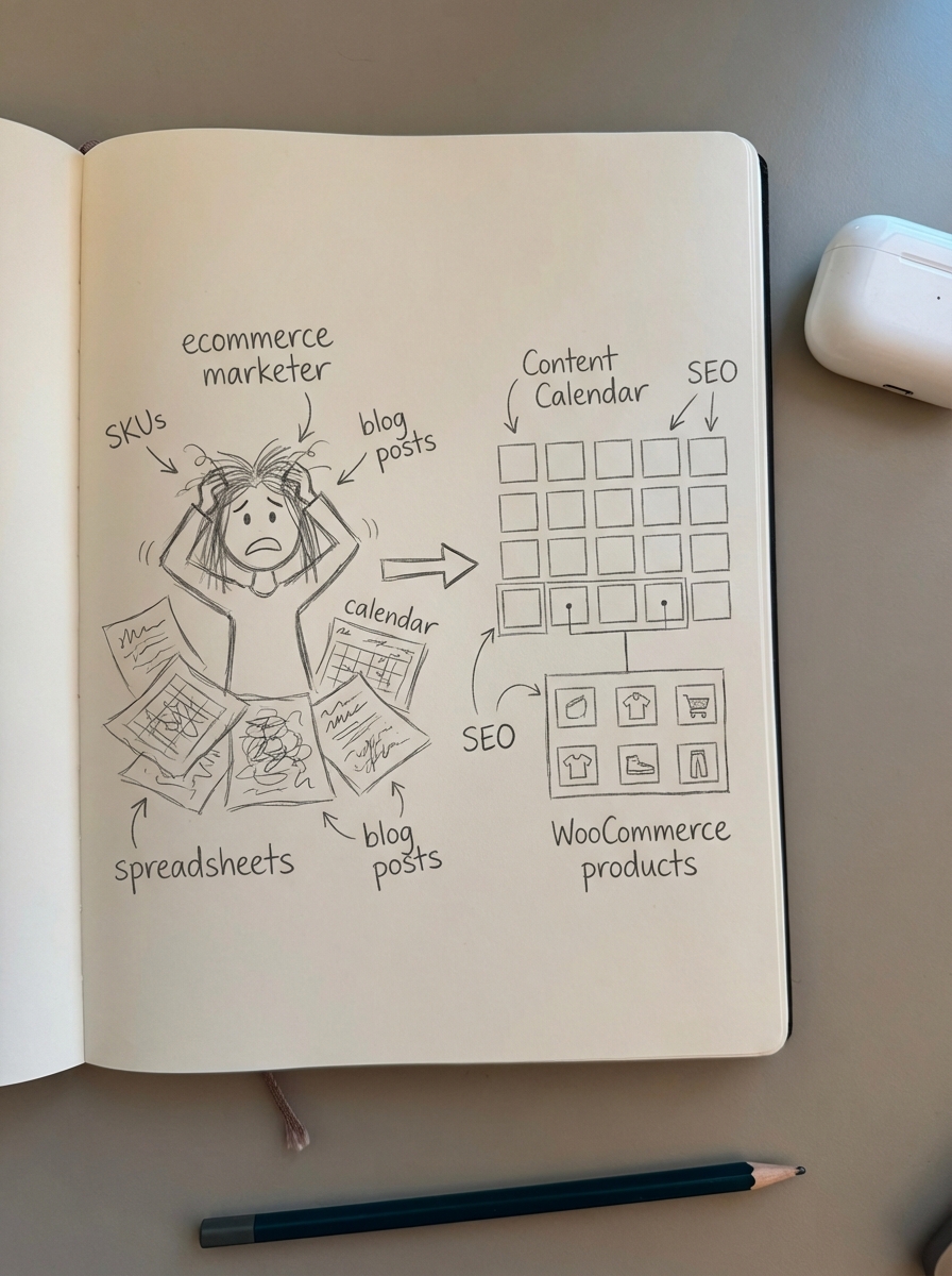 Notebook-style pencil sketch of a stressed ecommerce marketer surrounded by messy content calendar spreadsheets.
