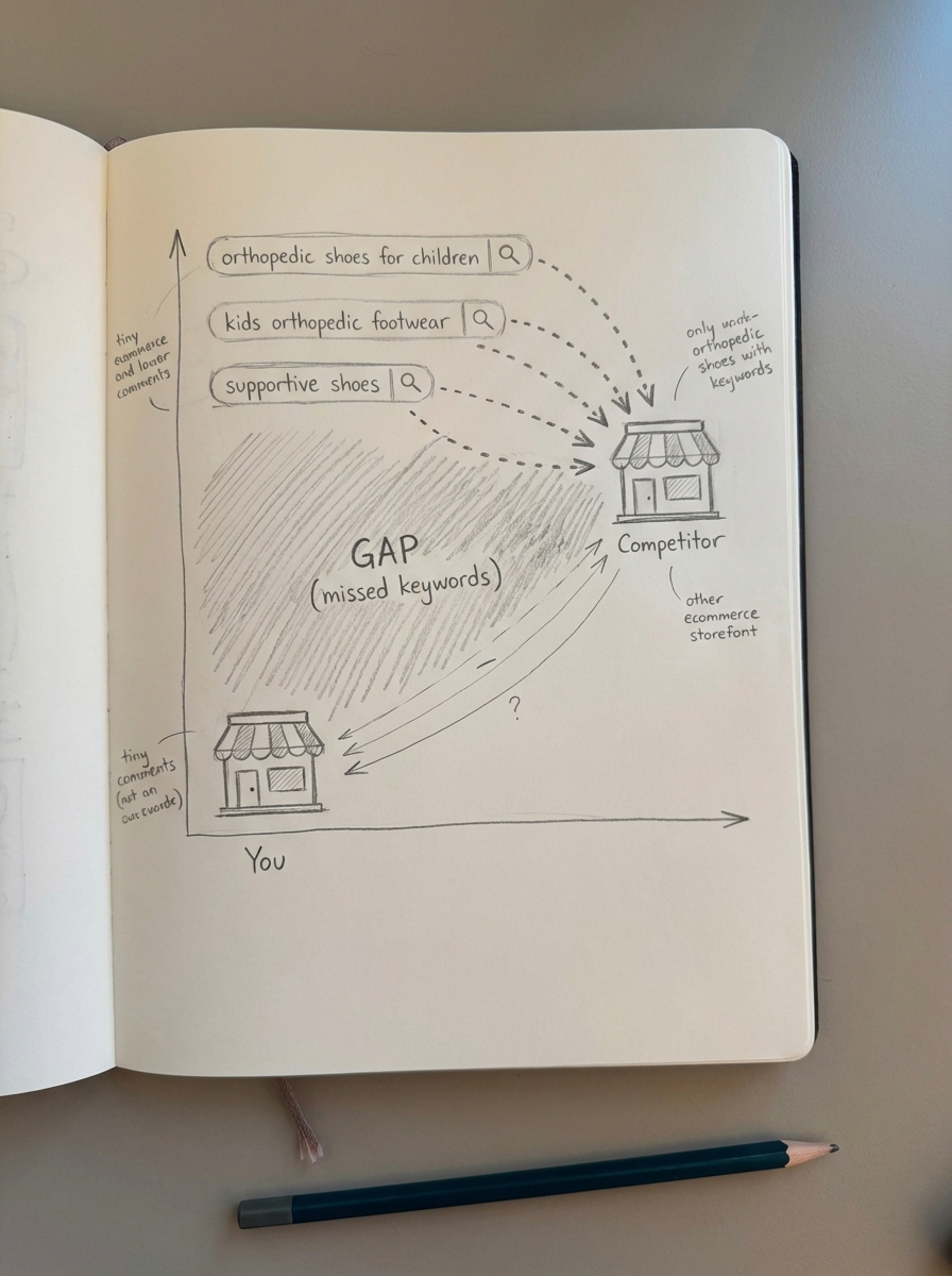 Simple notebook-style pencil sketch of two competing ecommerce storefronts with arrows showing keyword traffic flowing to a rival.