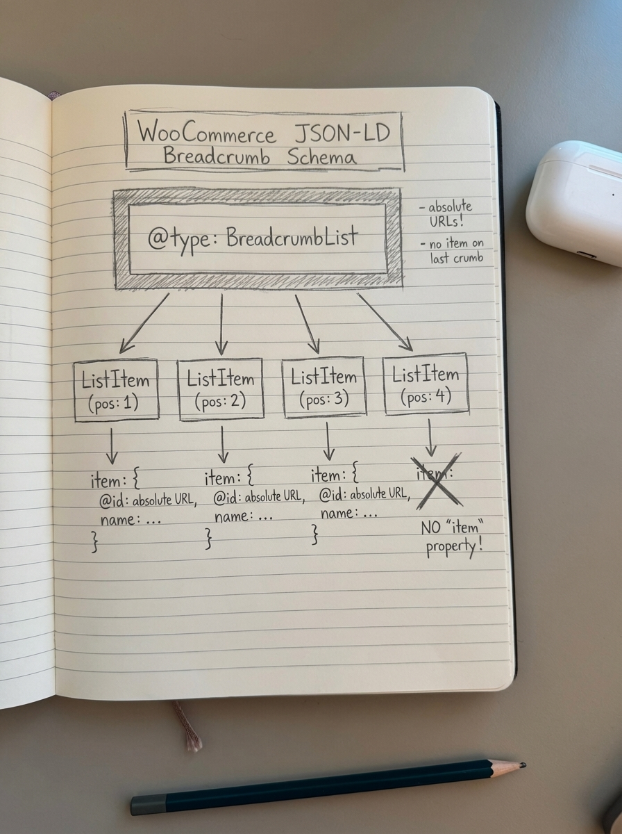 Notebook-style pencil sketch explaining JSON-LD BreadcrumbList schema for WooCommerce breadcrumbs
