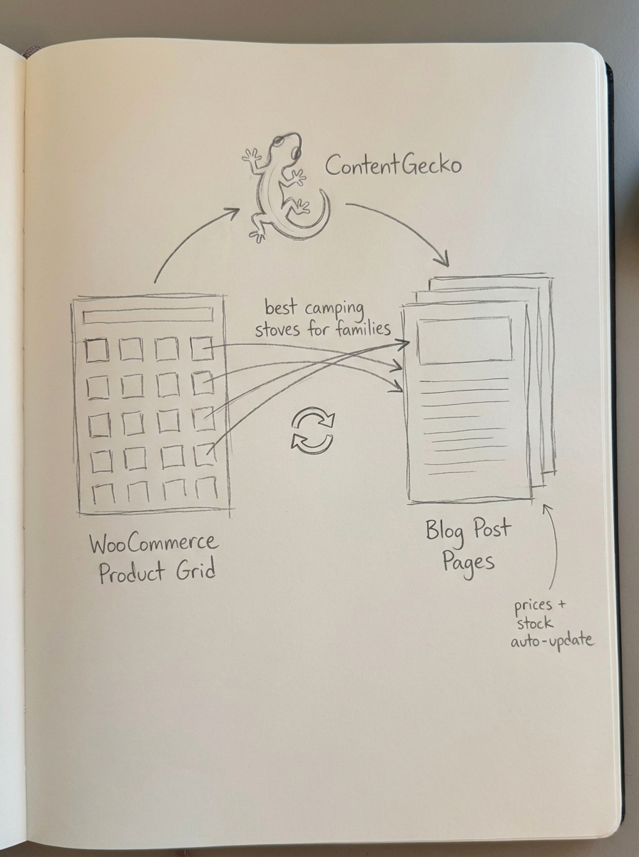 Notebook-style pencil sketch of ContentGecko automatically updating ecommerce blog content from a WooCommerce product catalog.