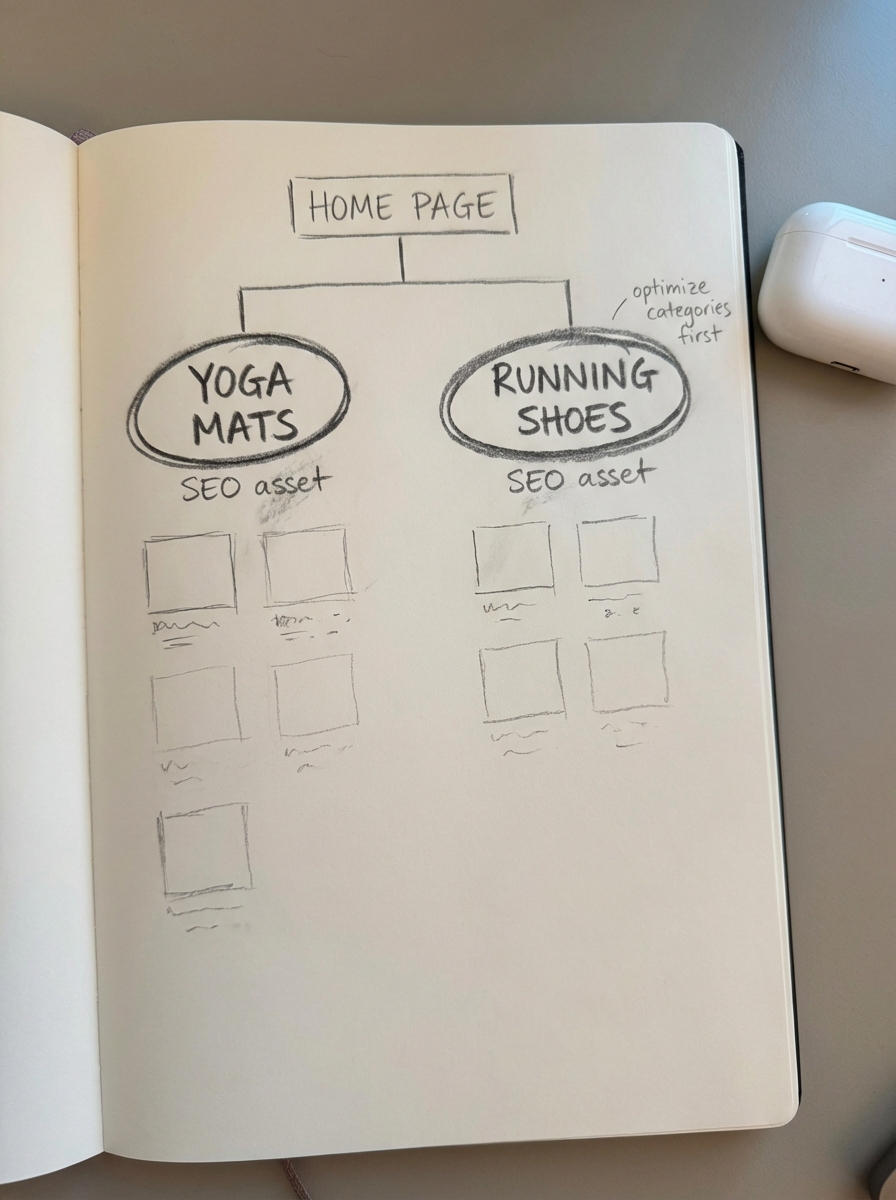 Hand-drawn notebook-style sketch of a WooCommerce site structure highlighting category pages above product pages.
