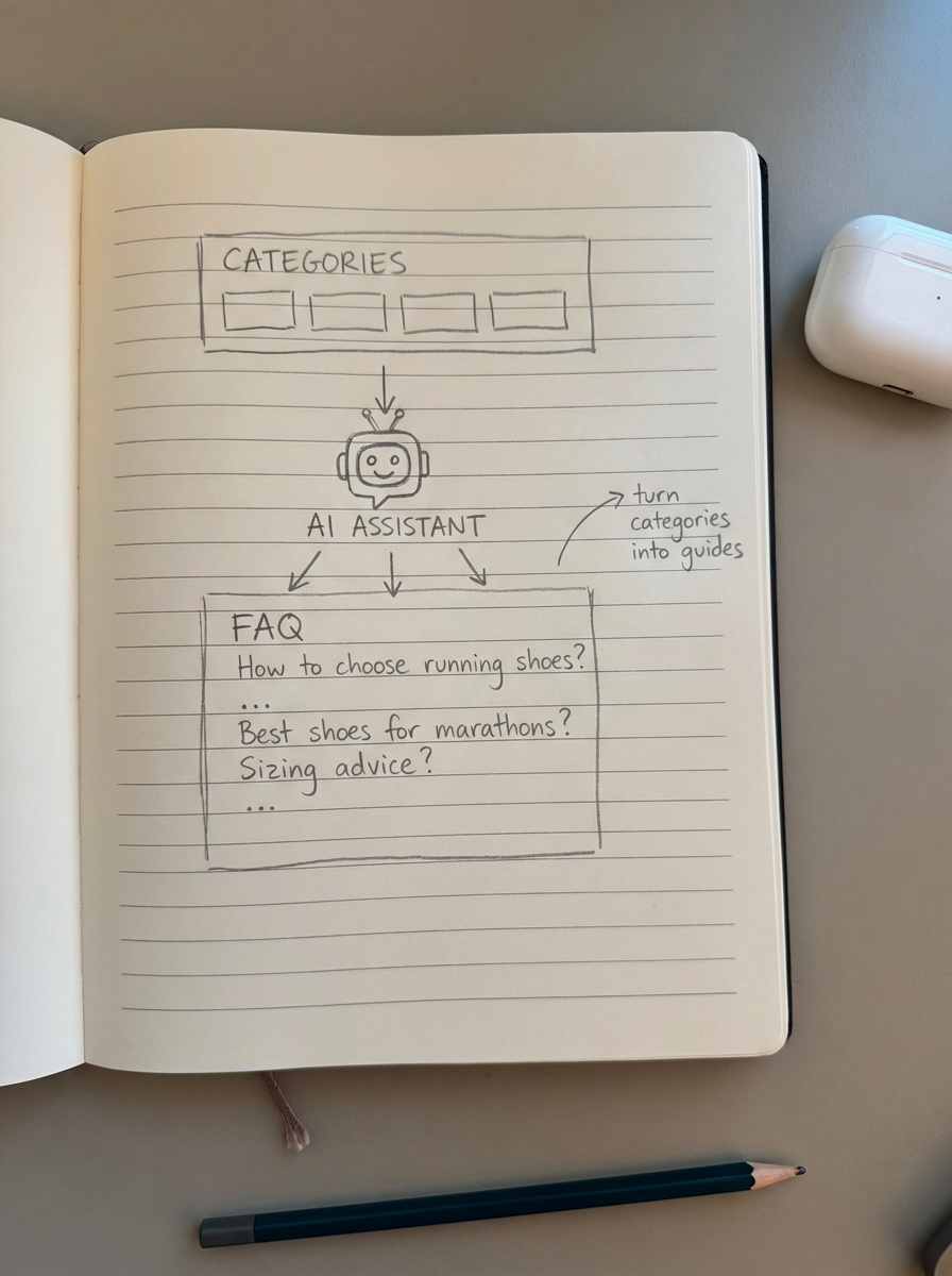 Hand-drawn notebook-style sketch of an ecommerce category page with FAQ questions underneath the product grid