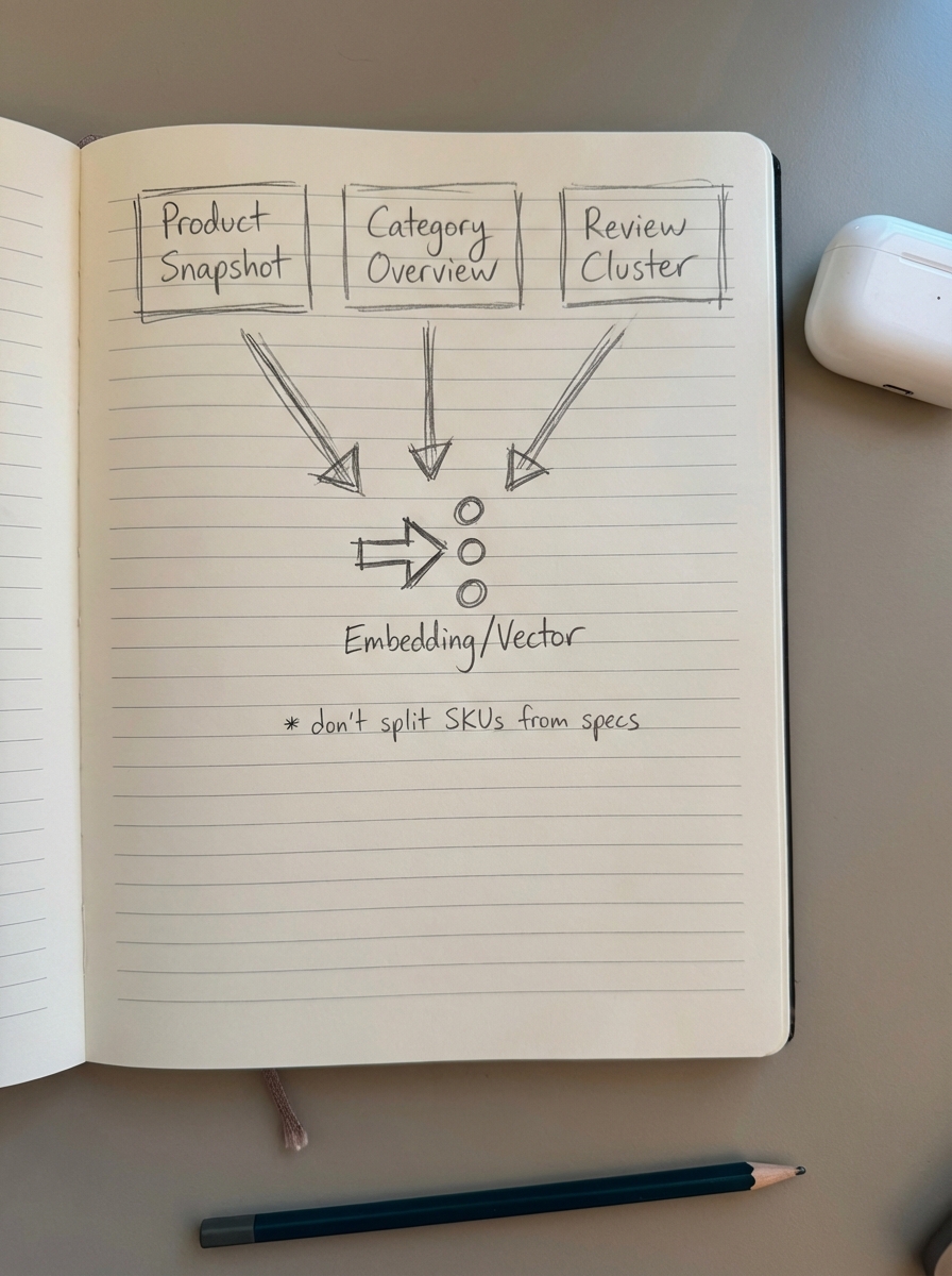 Hand-drawn notebook diagram of semantic chunking for WooCommerce showing product snapshot, category overview and review cluster feeding into an embedding vector.