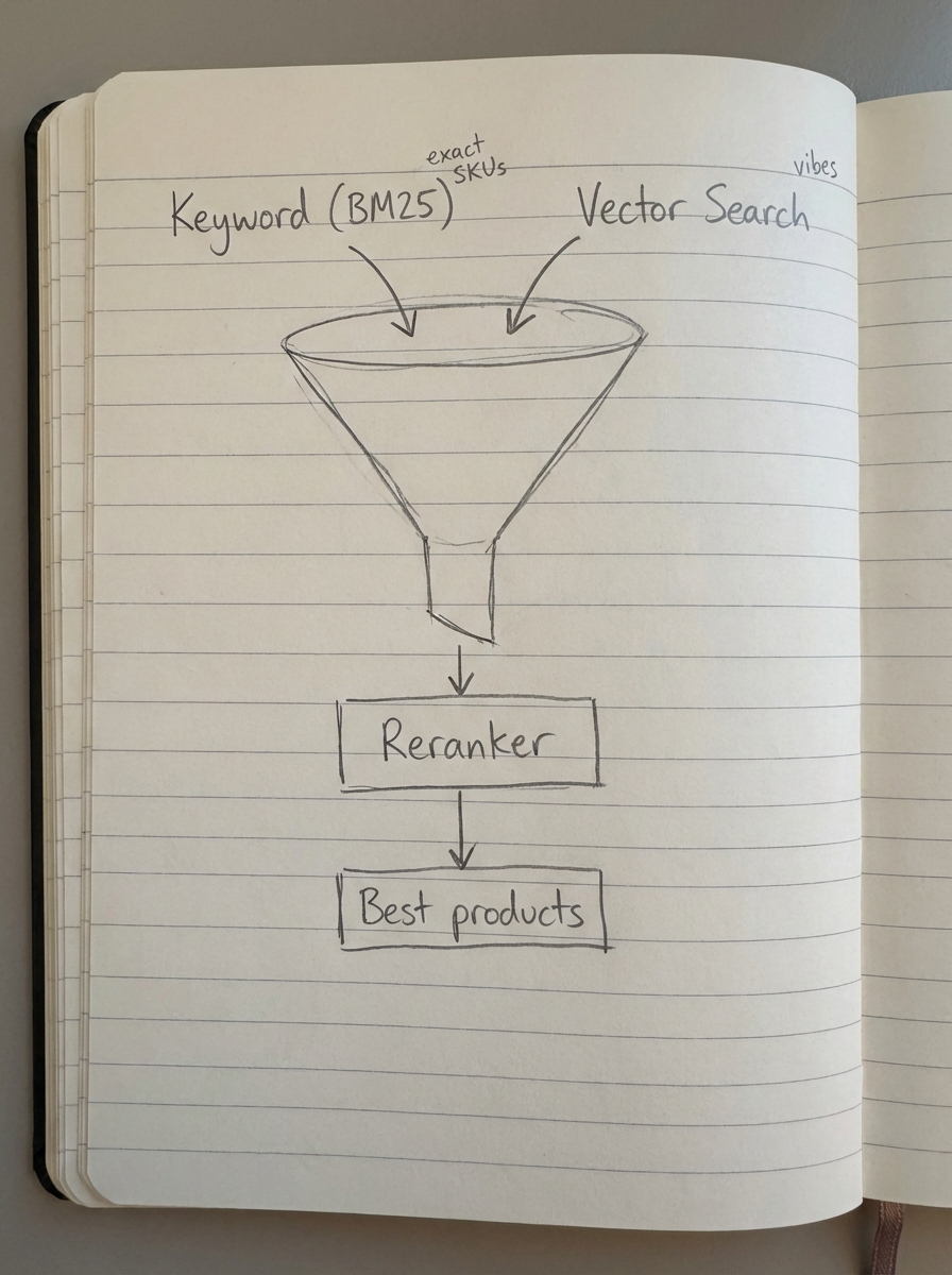 Simple pencil sketch of a hybrid ecommerce retrieval pipeline combining keyword BM25, vector search and a reranker to output the best products.