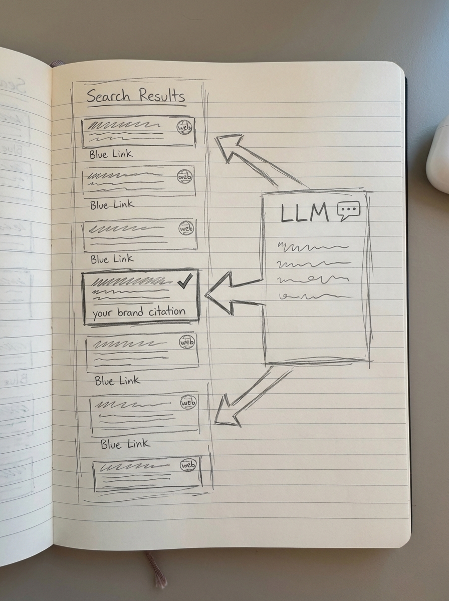 Simple notebook-style pencil sketch comparing traditional blue-link search results with an LLM context window summarizing WooCommerce products