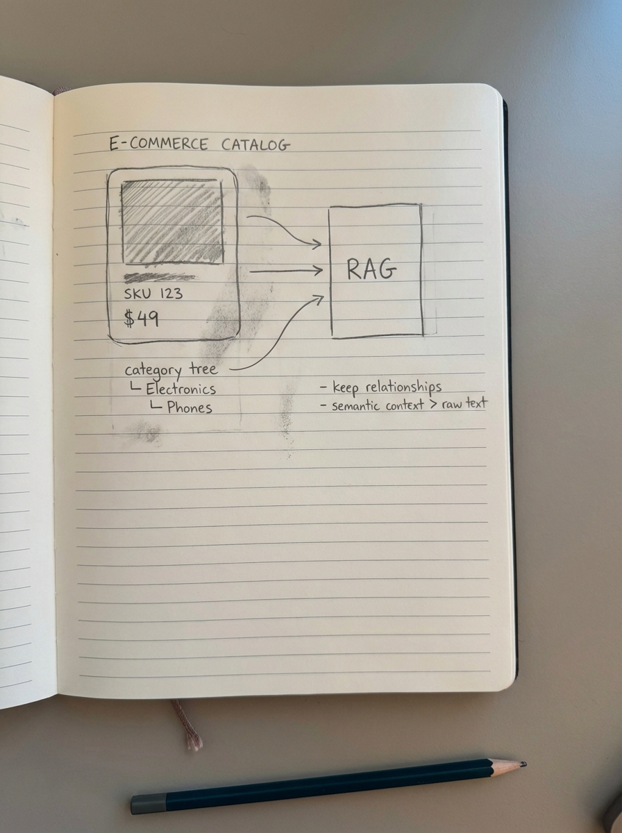 Notebook-style pencil sketch of an ecommerce catalog flowing into a RAG system with category tree and notes about keeping relationships and semantic context.
