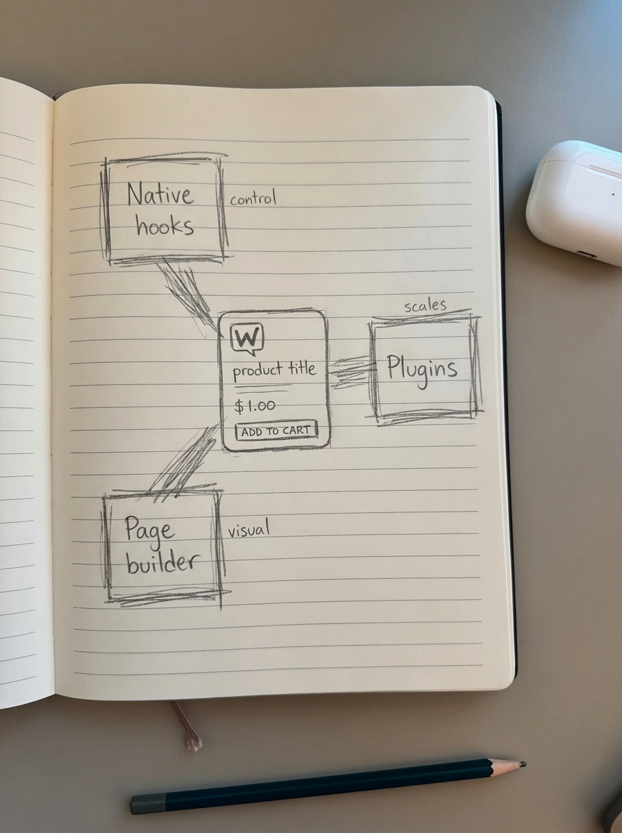 Notebook-style pencil sketch showing WooCommerce product page connected to Native hooks, Page builder, and Plugins for dynamic content
