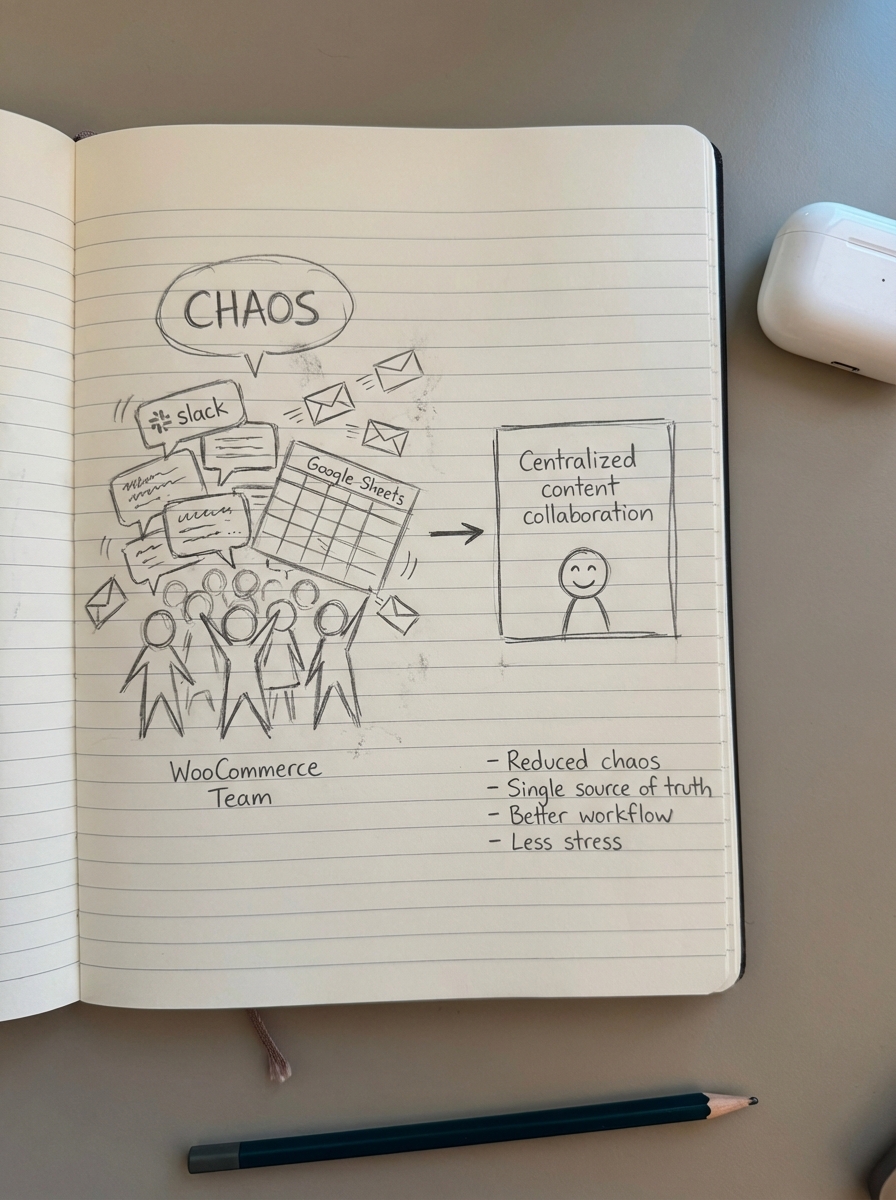 Notebook-style pencil sketch showing a chaotic WooCommerce team using Slack and Google Sheets contrasted with centralized content collaboration