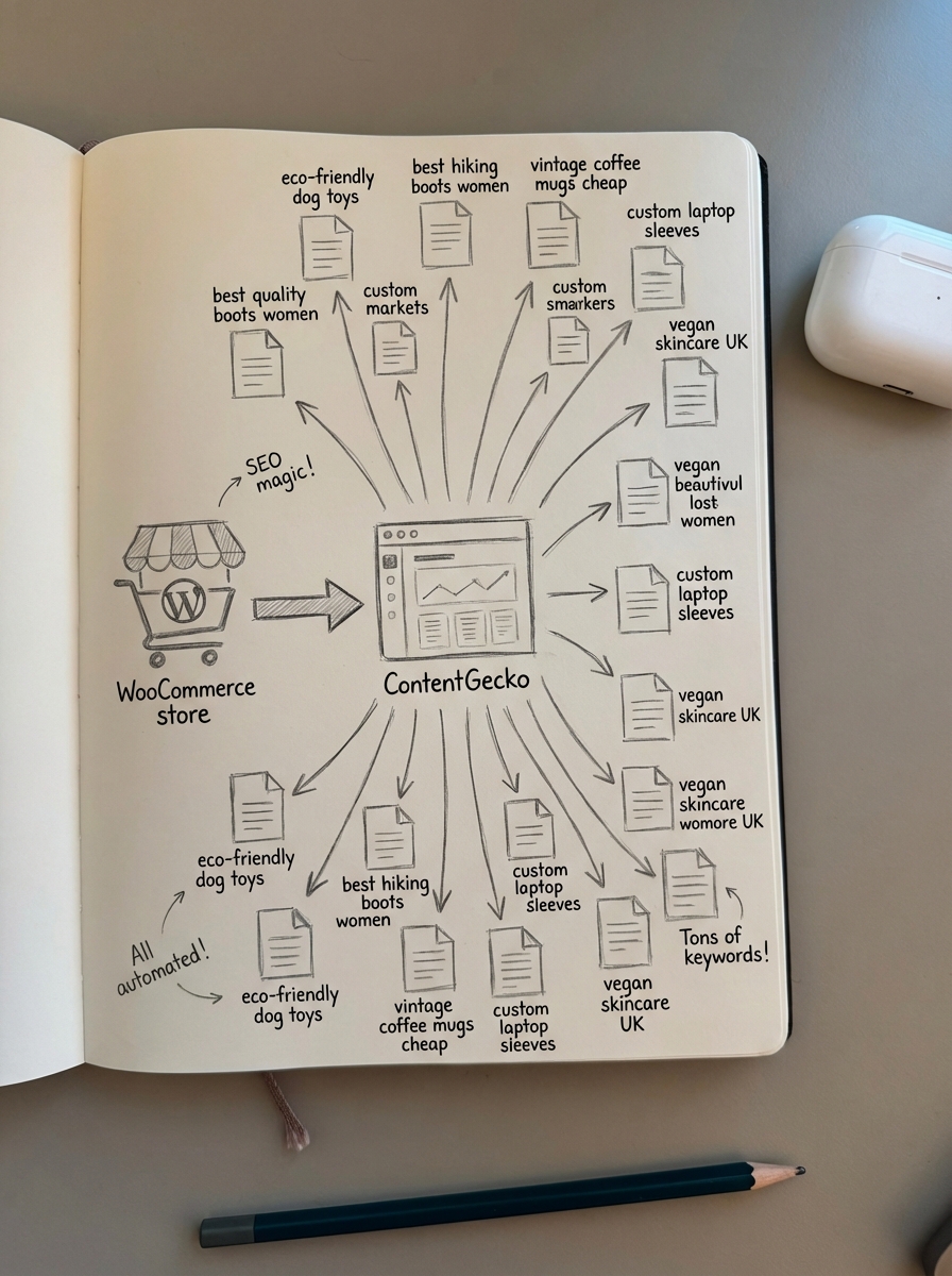 Notebook-style pencil sketch of ContentGecko automating blog posts and internal links for WooCommerce long-tail SEO