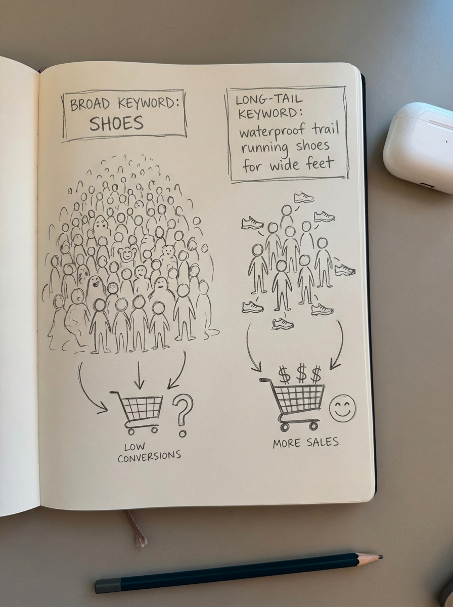Simple notebook-style pencil sketch comparing a broad keyword like shoes versus a specific long-tail keyword with higher purchase intent