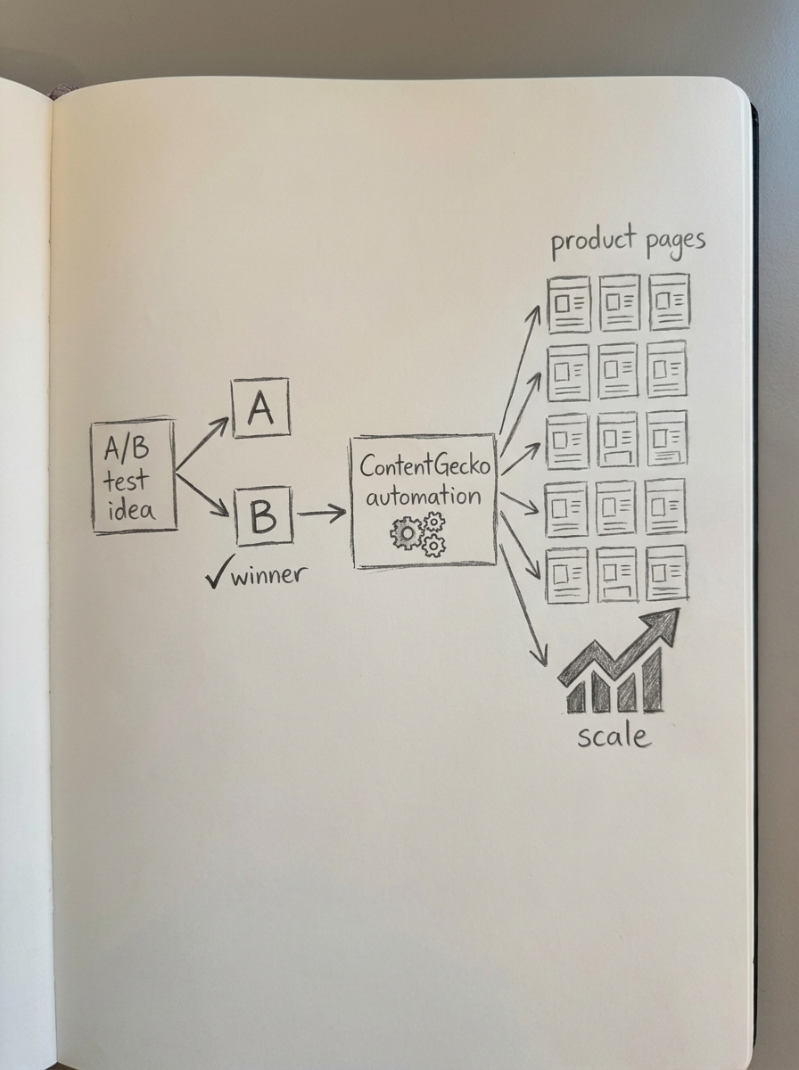 Hand-drawn notebook doodle showing a flow from A/B test idea to winning variant and automated rollout across WooCommerce products