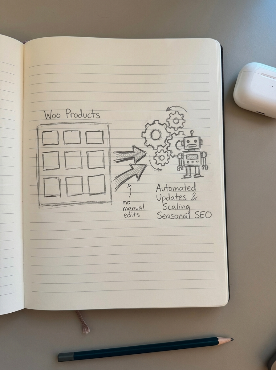 Notebook-style drawing of WooCommerce product grid feeding into gears and a robot to represent automated seasonal SEO updates