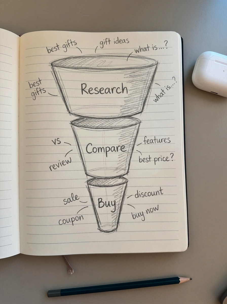 Simple pencil sketch of research, compare, and buy stages visualizing seasonal keyword intent funnel