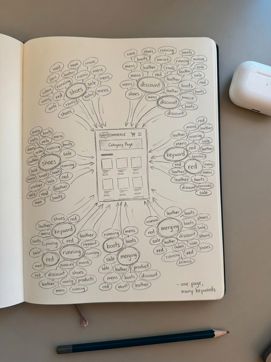 Simple hand-drawn notebook sketch of a WooCommerce category page with grouped keyword clusters.