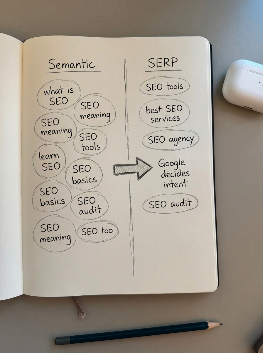 Simple pencil notebook doodle comparing semantic vs SERP-based keyword clustering in two labeled columns.