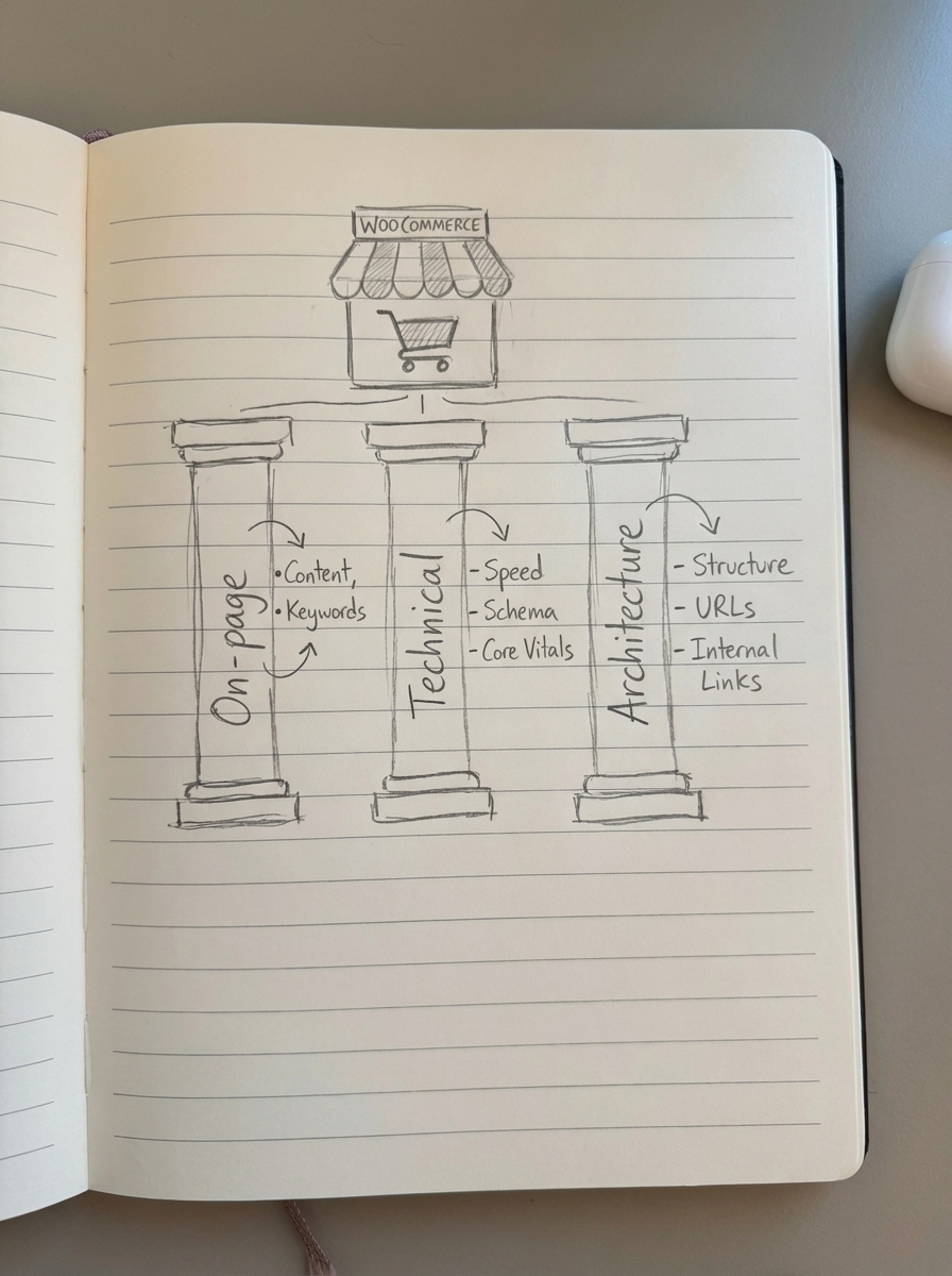 Simple pencil notebook doodle of three SEO pillars labeled on-page, technical, and site architecture for WooCommerce product pages