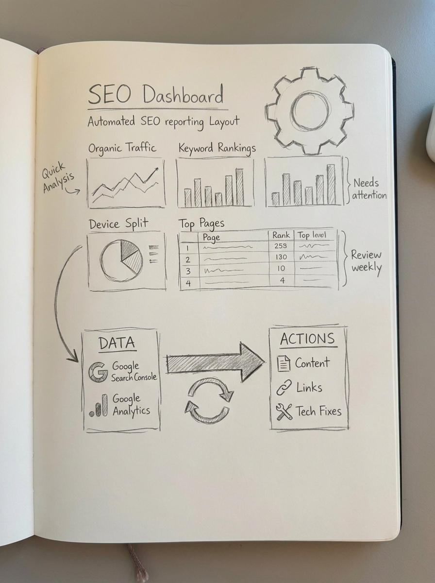 Simple hand-drawn pencil sketch of an automated SEO reporting dashboard for GA4 and Search Console data