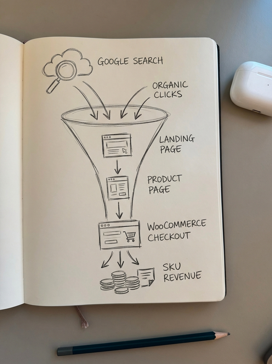 Simple pencil notebook sketch of an SEO funnel from Google search to WooCommerce checkout highlighting revenue impact