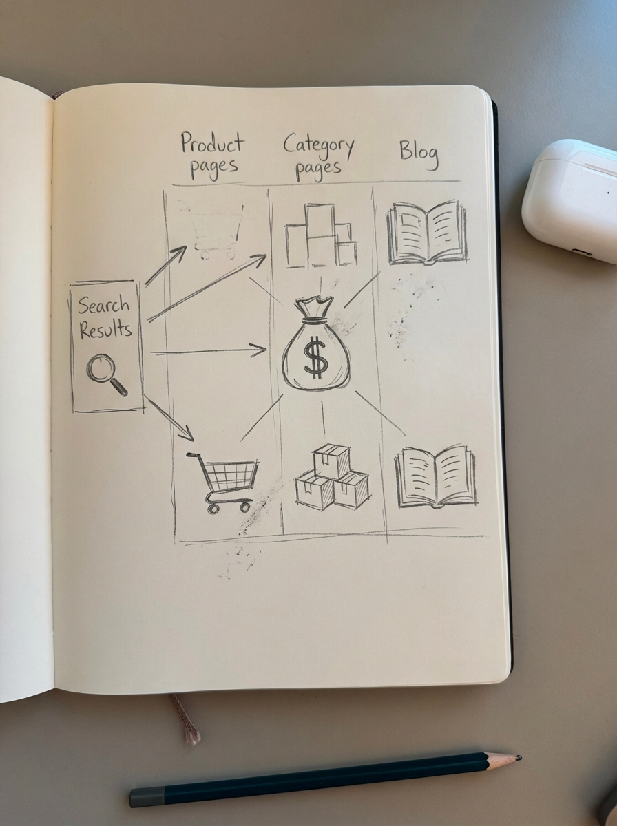 Hand-drawn notebook-style sketch of three columns labeled Product, Category, and Blog to show GA4 SEO segmentation