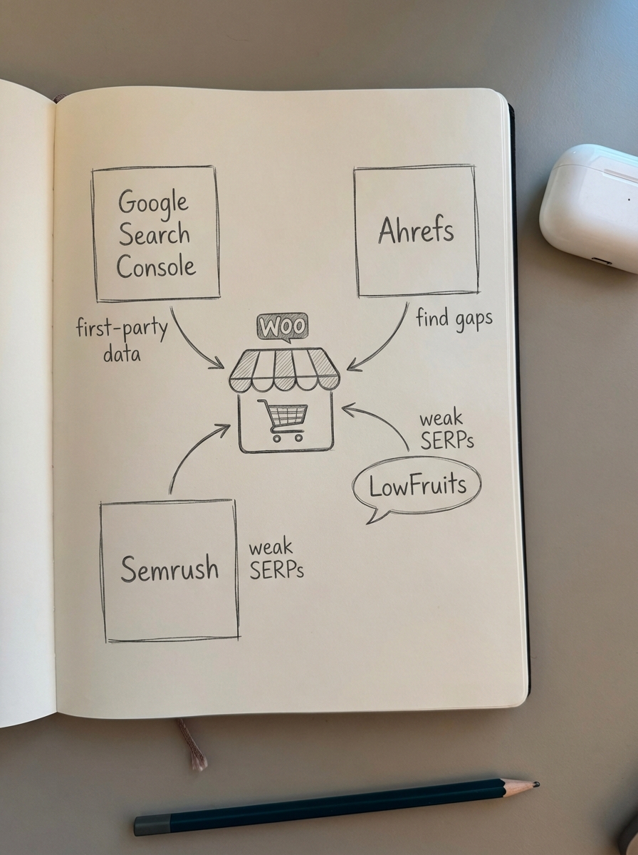 Hand-drawn notebook diagram comparing free and paid long-tail keyword tools for WooCommerce SEO