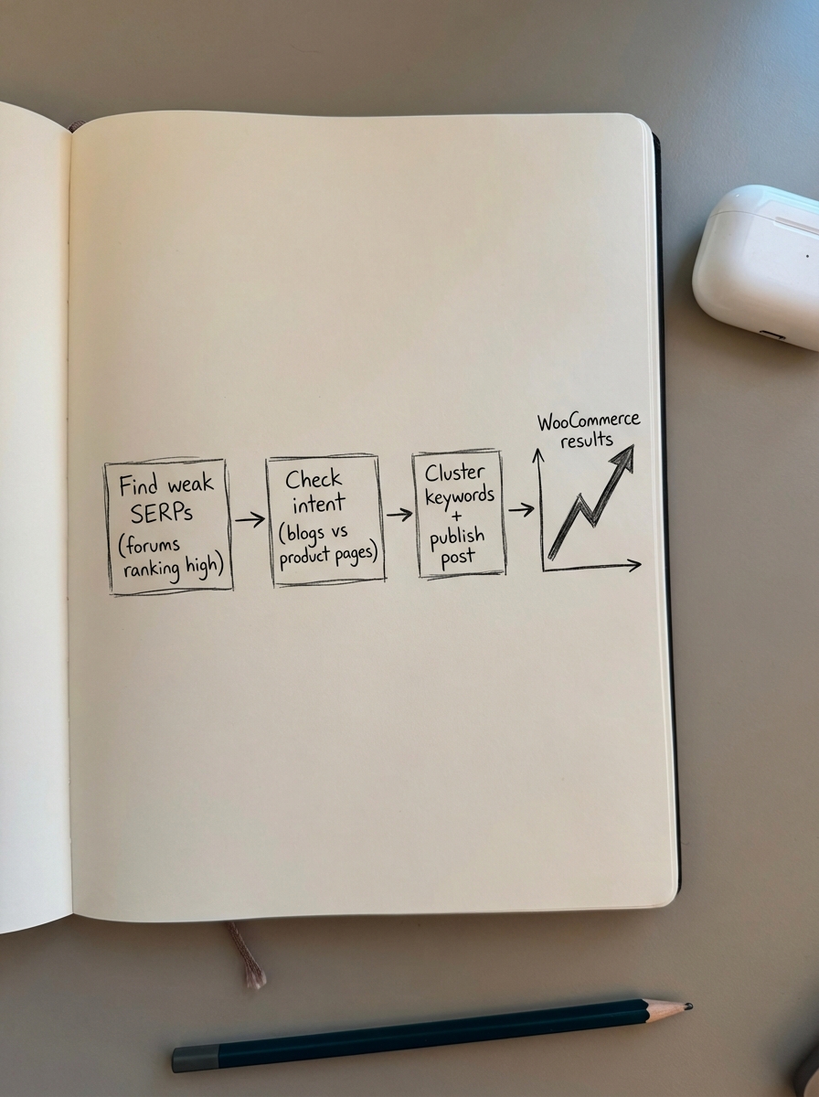 Simple pencil notebook flowchart of a three-step workflow for finding buyer-intent long-tail keywords