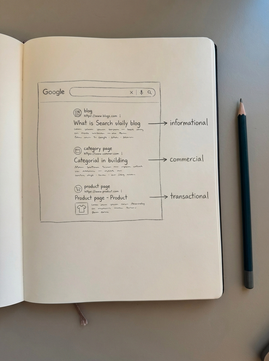 hand-drawn notebook sketch of a Google results page labeling blog as informational, category page as commercial, and product page as transactional