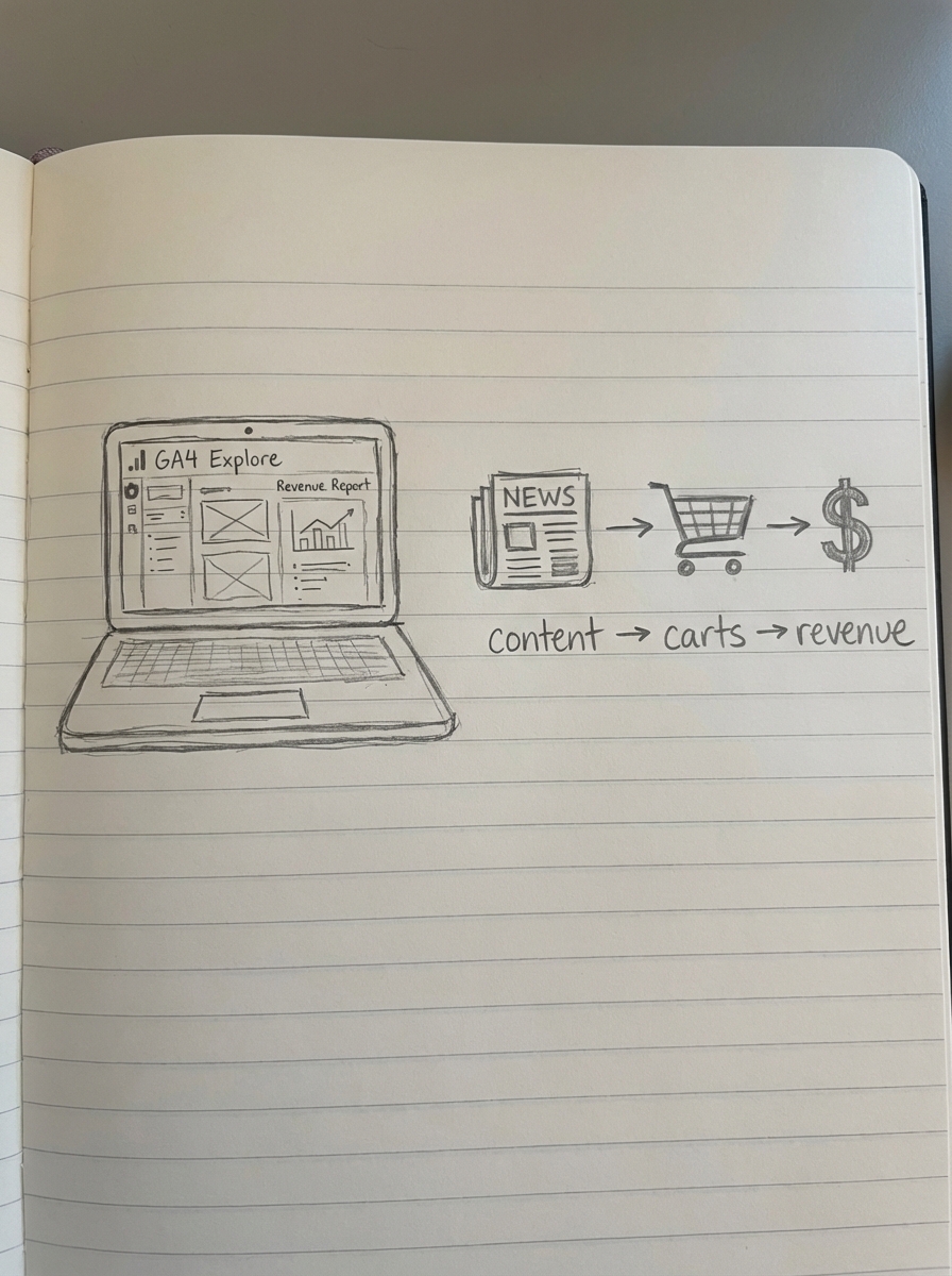 Hand-drawn pencil notebook sketch of a GA4 Explore report on a laptop for ecommerce SEO analysis