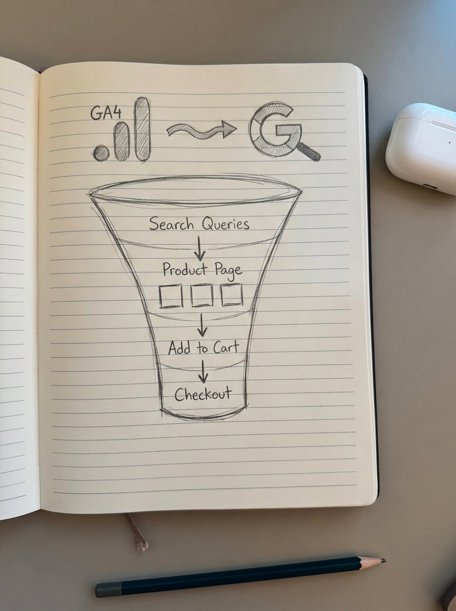 Simple pencil notebook sketch of an ecommerce SEO dashboard combining GA4 and Google Search Console metrics