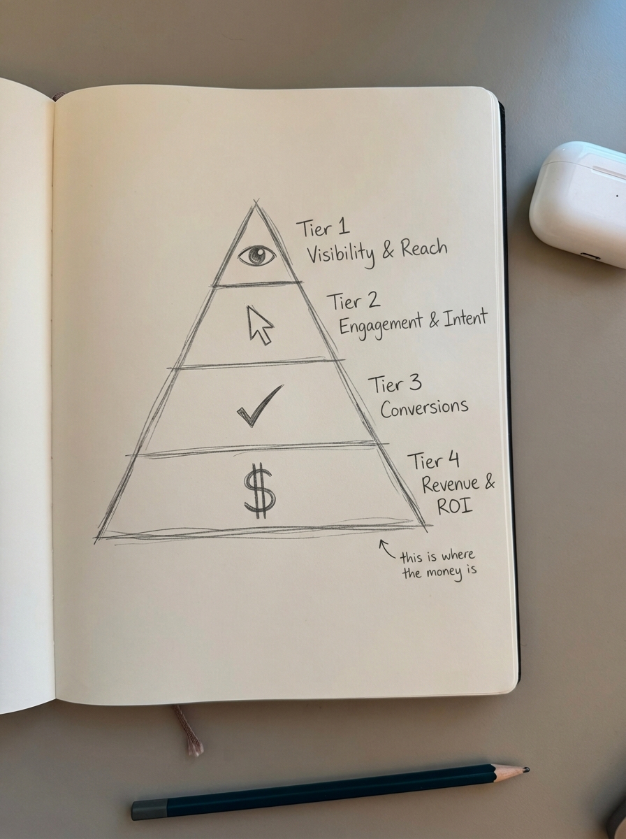 Simple hand-drawn four-level pyramid illustrating the hierarchy of ecommerce content performance metrics