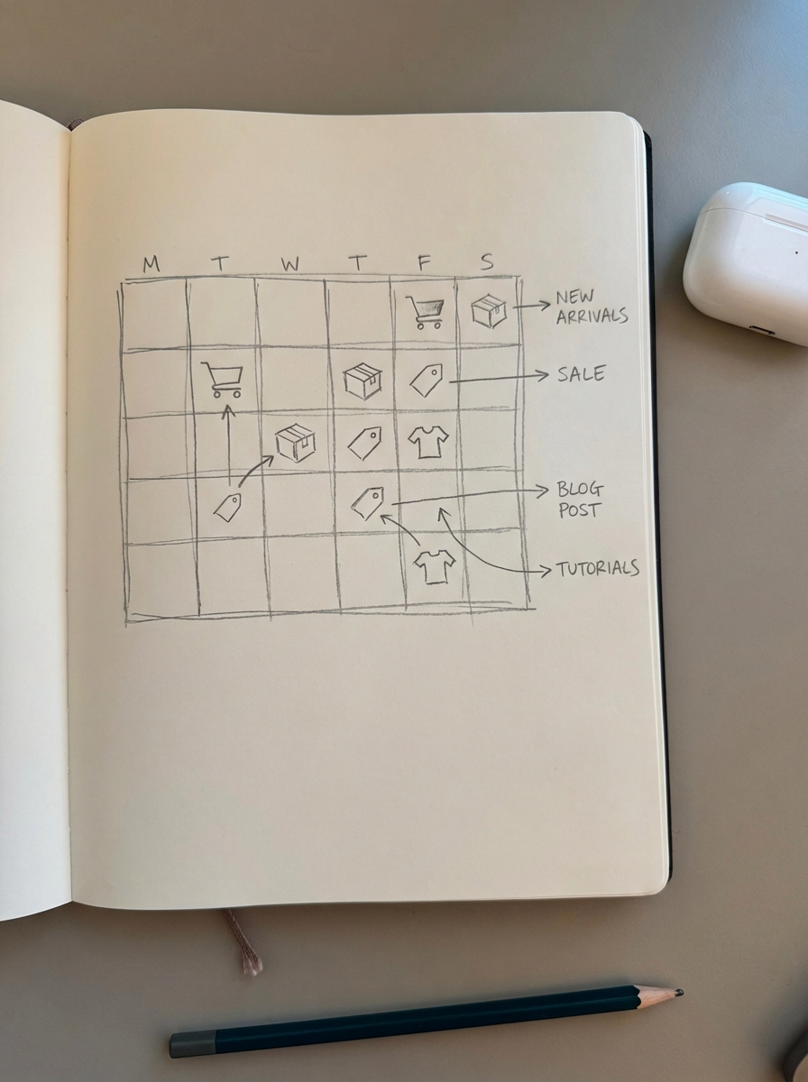 Simple pencil notebook sketch of an open blog content calendar planning page