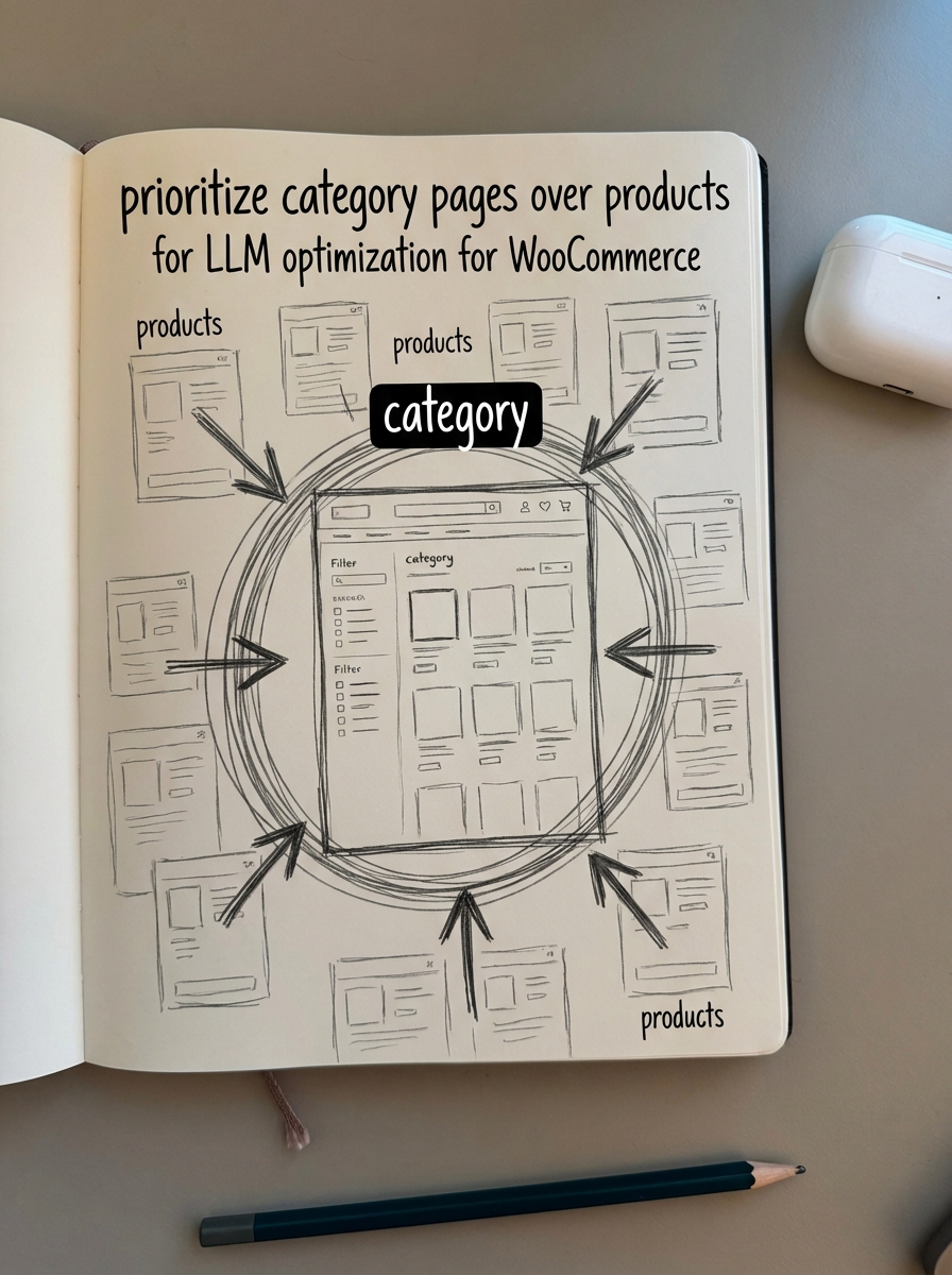 Simple pencil notebook sketch of an ecommerce category page being highlighted as the core focus for LLM optimization