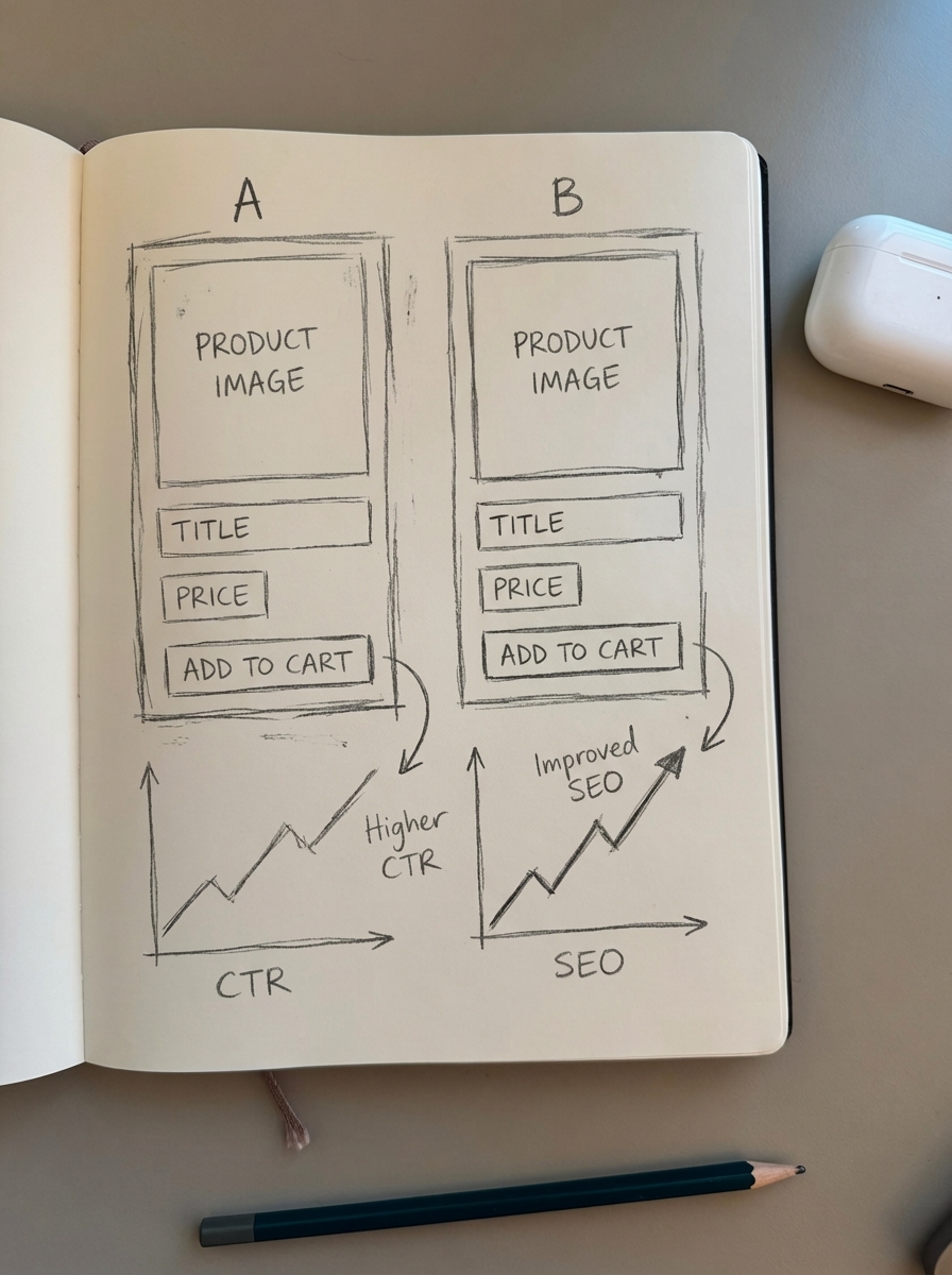 Notebook-style pencil doodle of a WooCommerce A/B testing dashboard comparing variants for SEO and conversions