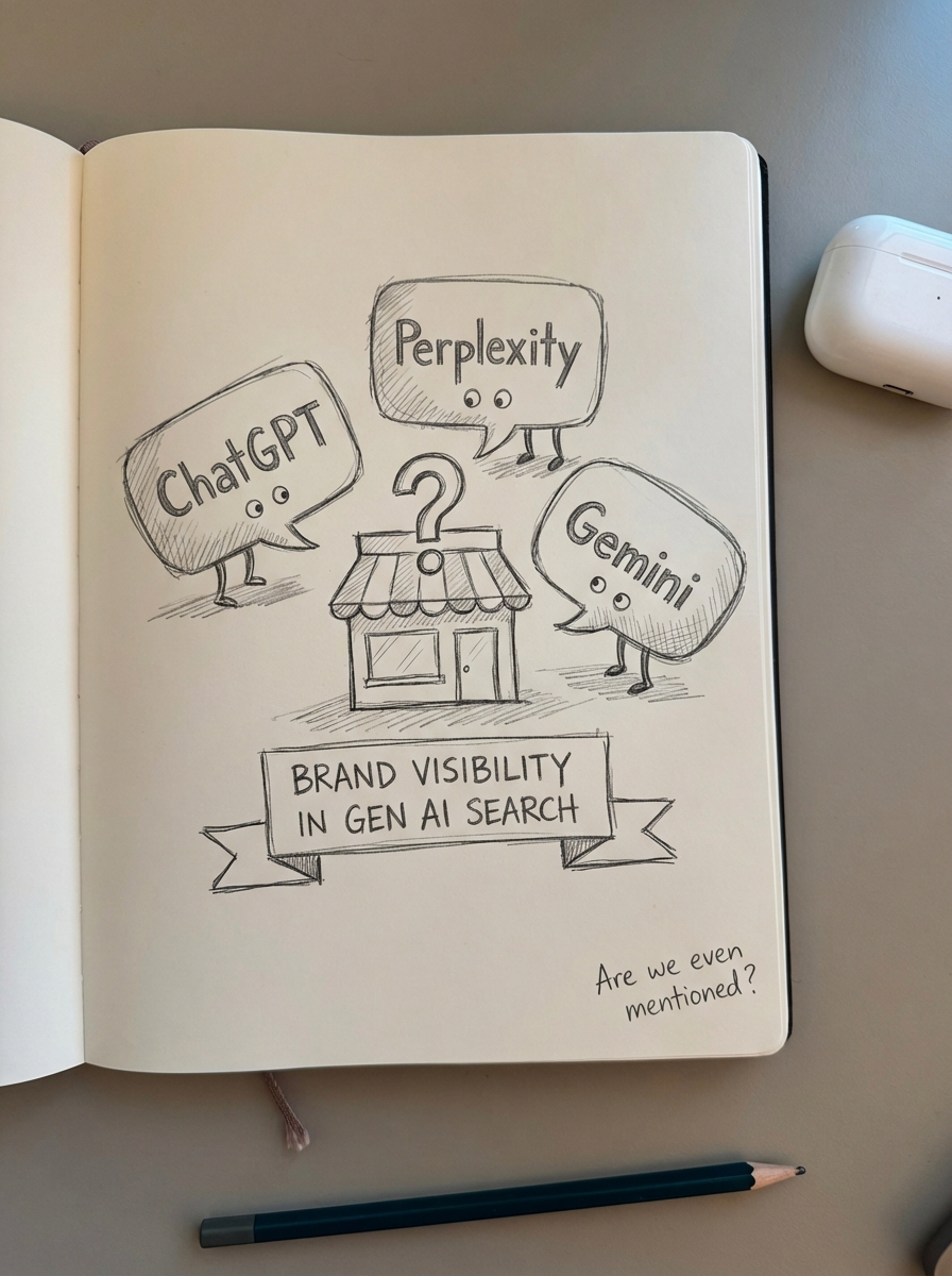 Hand-drawn pencil sketch on notebook paper showing three AI chat bubbles representing ChatGPT, Perplexity, and Gemini